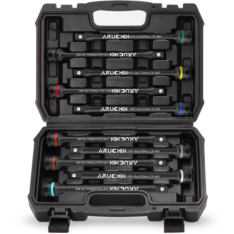 ARUCMIN 1/2" Drive Torque Limiting Extension Bar Set, 10-Piece Lug Nut Torque Stick Set With 8 Inch Color-Coded 65 to 150 Ft-Lbs Torque Sticks - Image 1