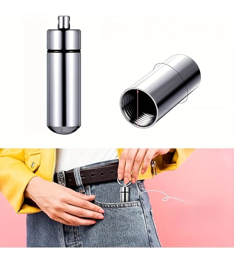 Silvery Travel Pill Bottle Camping Essential Storage Keychain - Image 4