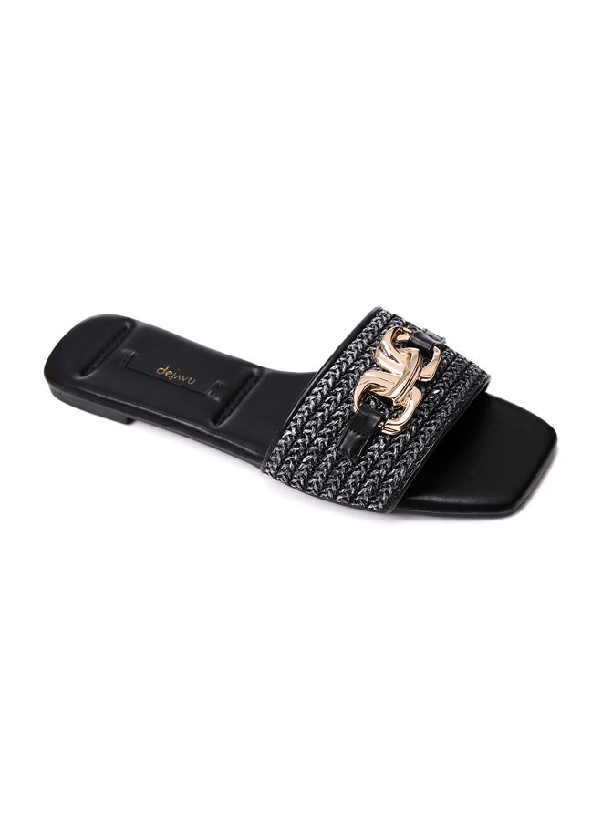 DejaVu Braided Strap Slip On Straw Olive Women Slippers  - Image 1
