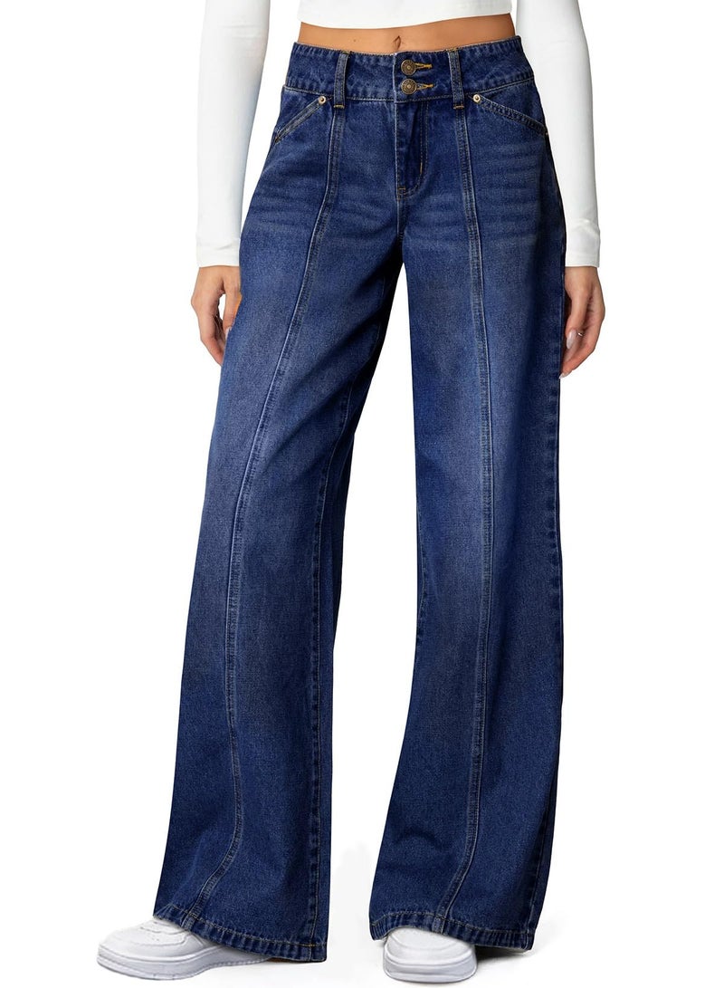 Sidefeel Womens Wide Leg Jeans High Waisted Straight Leg Stretchy Jeans Trendy Seamed Front Loose Denim Pants Navy Blue Size 8 - Image 1