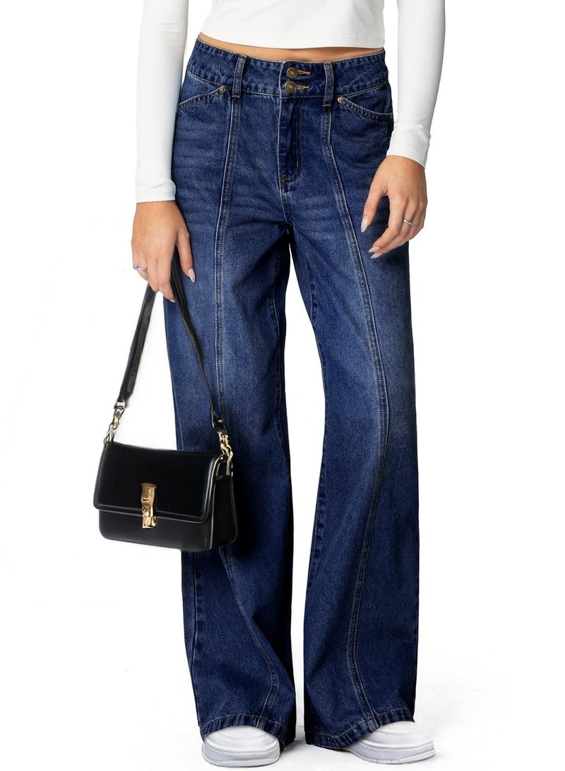 Sidefeel Womens Wide Leg Jeans High Waisted Straight Leg Stretchy Jeans Trendy Seamed Front Loose Denim Pants Navy Blue Size 8 - Image 3