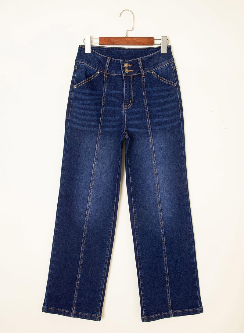 Sidefeel Womens Wide Leg Jeans High Waisted Straight Leg Stretchy Jeans Trendy Seamed Front Loose Denim Pants Navy Blue Size 8 - Image 4
