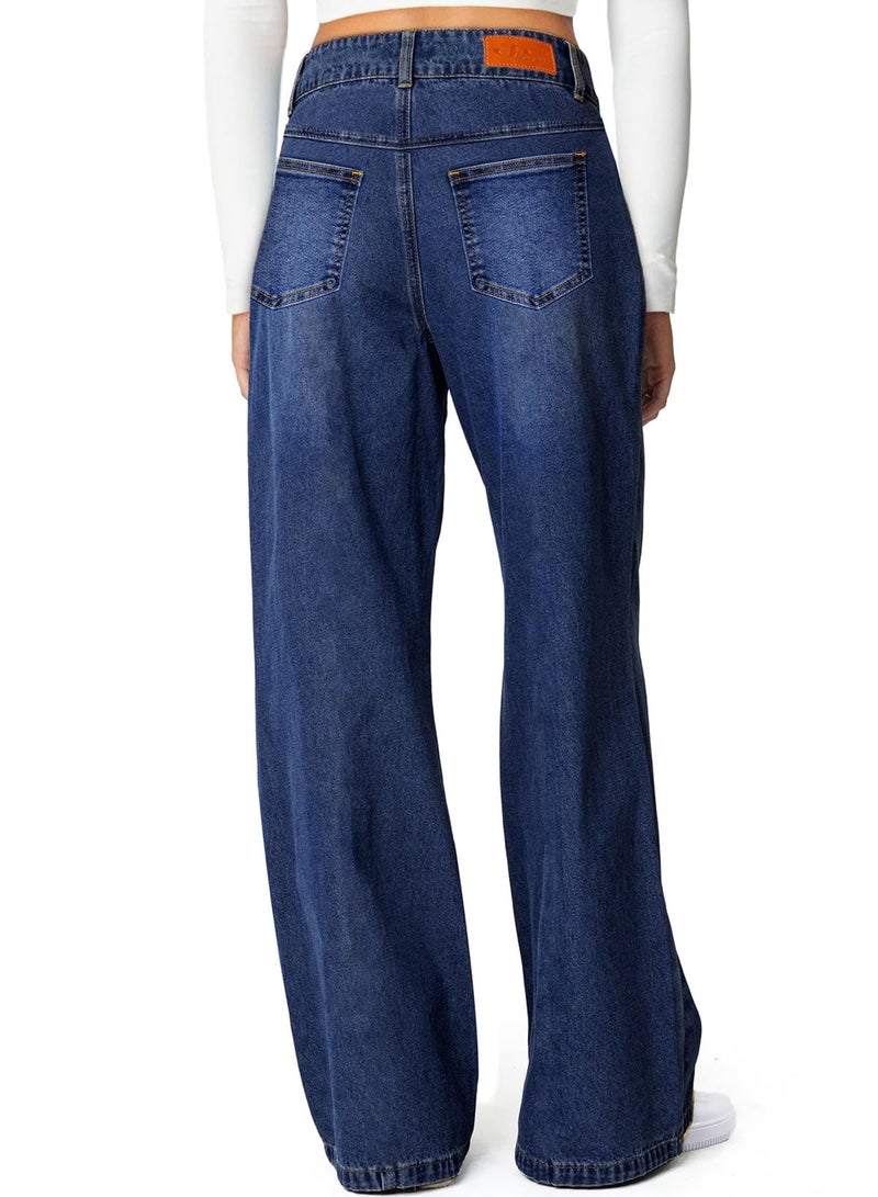 Sidefeel Womens Wide Leg Jeans High Waisted Straight Leg Stretchy Jeans Trendy Seamed Front Loose Denim Pants Navy Blue Size 8 - Image 2