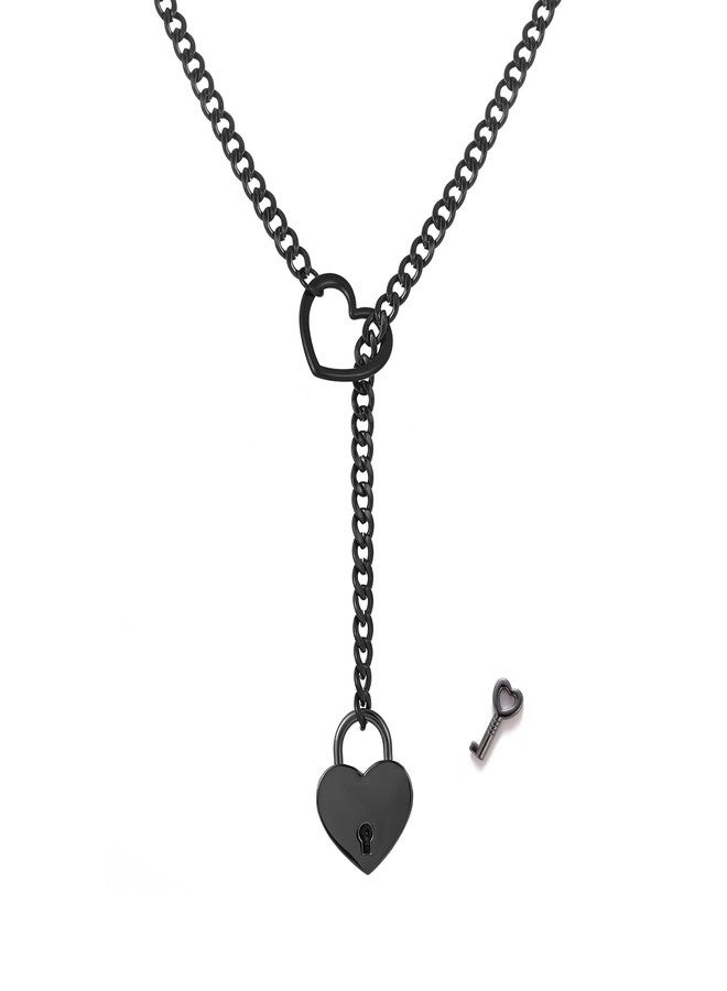MIFYNN Heart Lock Slip Chain Necklace for Women Lock with Key Stainless Steel Cuban Chain Choker Necklaces Punk Rock Collar Necklace Handmade Adjustable Lariat Y Necklace for Men (Black lock) - Image 1