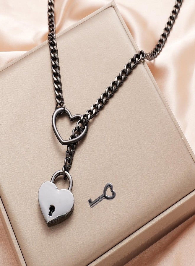 MIFYNN Heart Lock Slip Chain Necklace for Women Lock with Key Stainless Steel Cuban Chain Choker Necklaces Punk Rock Collar Necklace Handmade Adjustable Lariat Y Necklace for Men (Black lock) - Image 5