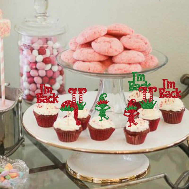 RSSTARXI 24 Pack Elf Cupcake Topcake Topcake Green Red Glitter Santa Hat أنا عودت ساقين قزم عيد الميلاد لقطات لعيد الميلاد يوم عيد ميلاد جديد للاستحمام الطفل. - Image 3