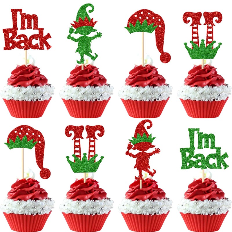 RSSTARXI 24 Pack Elf Cupcake Topcake Topcake Green Red Glitter Santa Hat أنا عودت ساقين قزم عيد الميلاد لقطات لعيد الميلاد يوم عيد ميلاد جديد للاستحمام الطفل. - Image 1