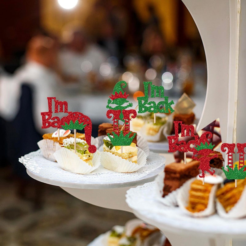 RSSTARXI 24 Pack Elf Cupcake Topcake Topcake Green Red Glitter Santa Hat أنا عودت ساقين قزم عيد الميلاد لقطات لعيد الميلاد يوم عيد ميلاد جديد للاستحمام الطفل. - Image 5