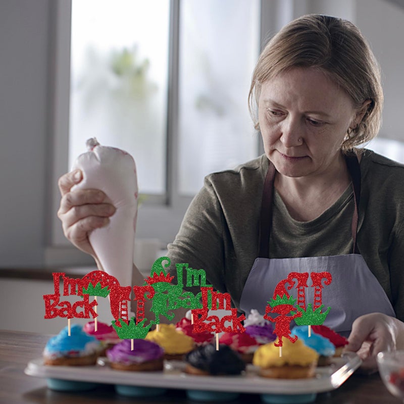 RSSTARXI 24 Pack Elf Cupcake Topcake Topcake Green Red Glitter Santa Hat أنا عودت ساقين قزم عيد الميلاد لقطات لعيد الميلاد يوم عيد ميلاد جديد للاستحمام الطفل. - Image 4