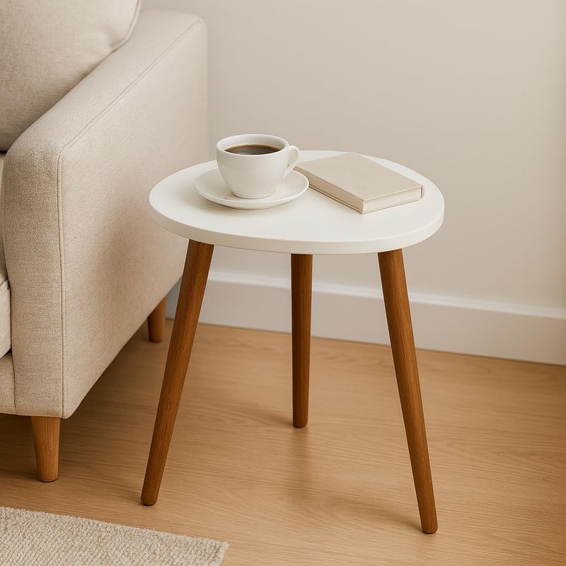 FENDI HOME FendiHome Modern round Side Table – 35cm Wooden Accent Table with Beech Legs | Compact Bedside, Sofa & Plant Stand | MDF Melamine Surface with PVC Finish | 43cm Height (White) - Image 4