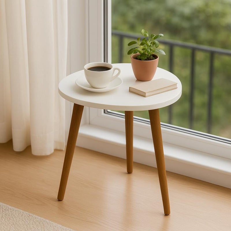 FENDI HOME FendiHome Modern round Side Table – 35cm Wooden Accent Table with Beech Legs | Compact Bedside, Sofa & Plant Stand | MDF Melamine Surface with PVC Finish | 43cm Height (White) - Image 1
