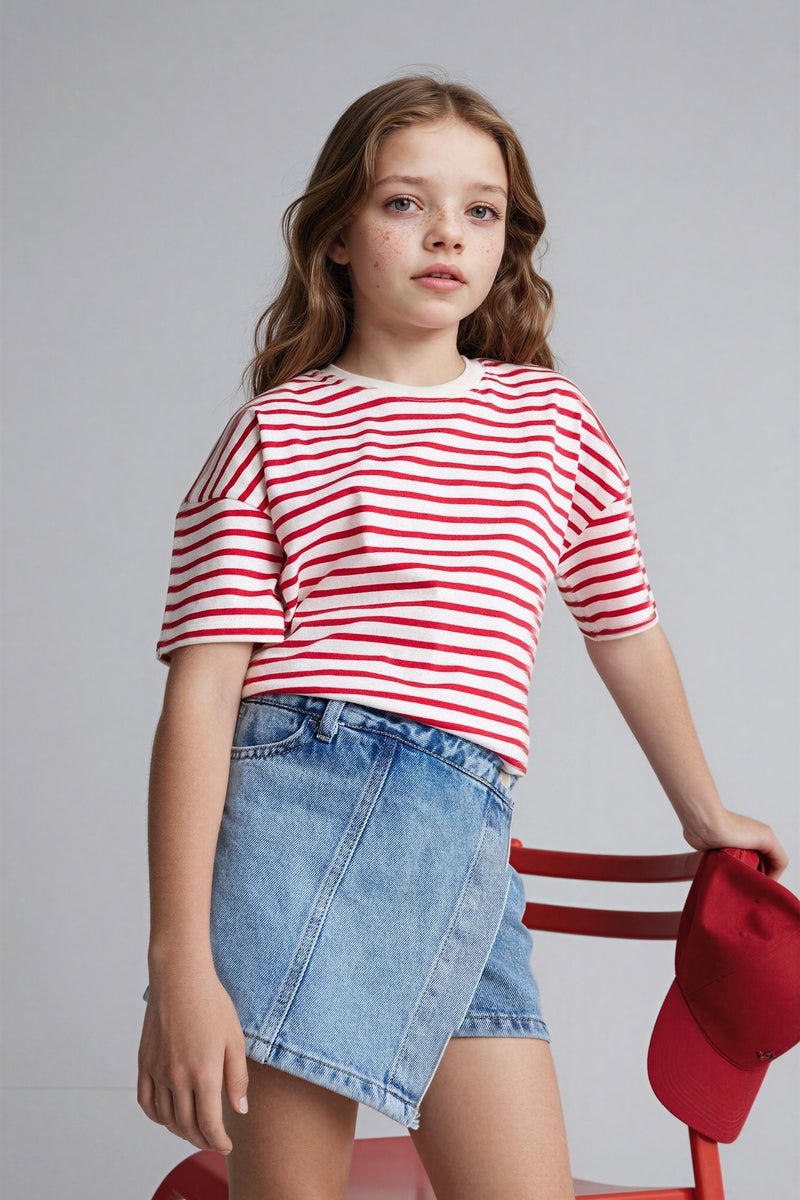 ديفاكتو تيشيرت مخطط بناتي نص كم قصة مريحة برقبة مستديرة - Image 3