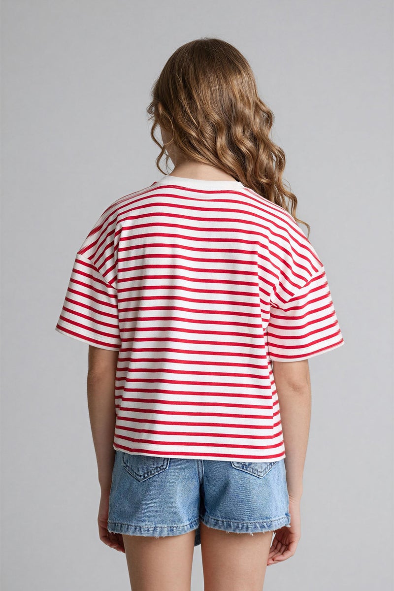 ديفاكتو تيشيرت مخطط بناتي نص كم قصة مريحة برقبة مستديرة - Image 5