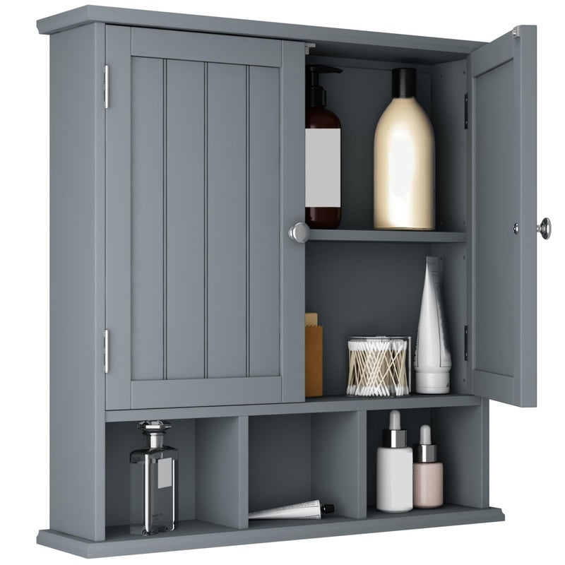 ChooChoo Bathroom Cabinet Wall Mounted 2Door with 3 Open Shelves Wooden Medicine Cabinets with Adjustable Shelf Space Saver Storage Cabinets Over The Toilet for BathroomLiving Room Grey