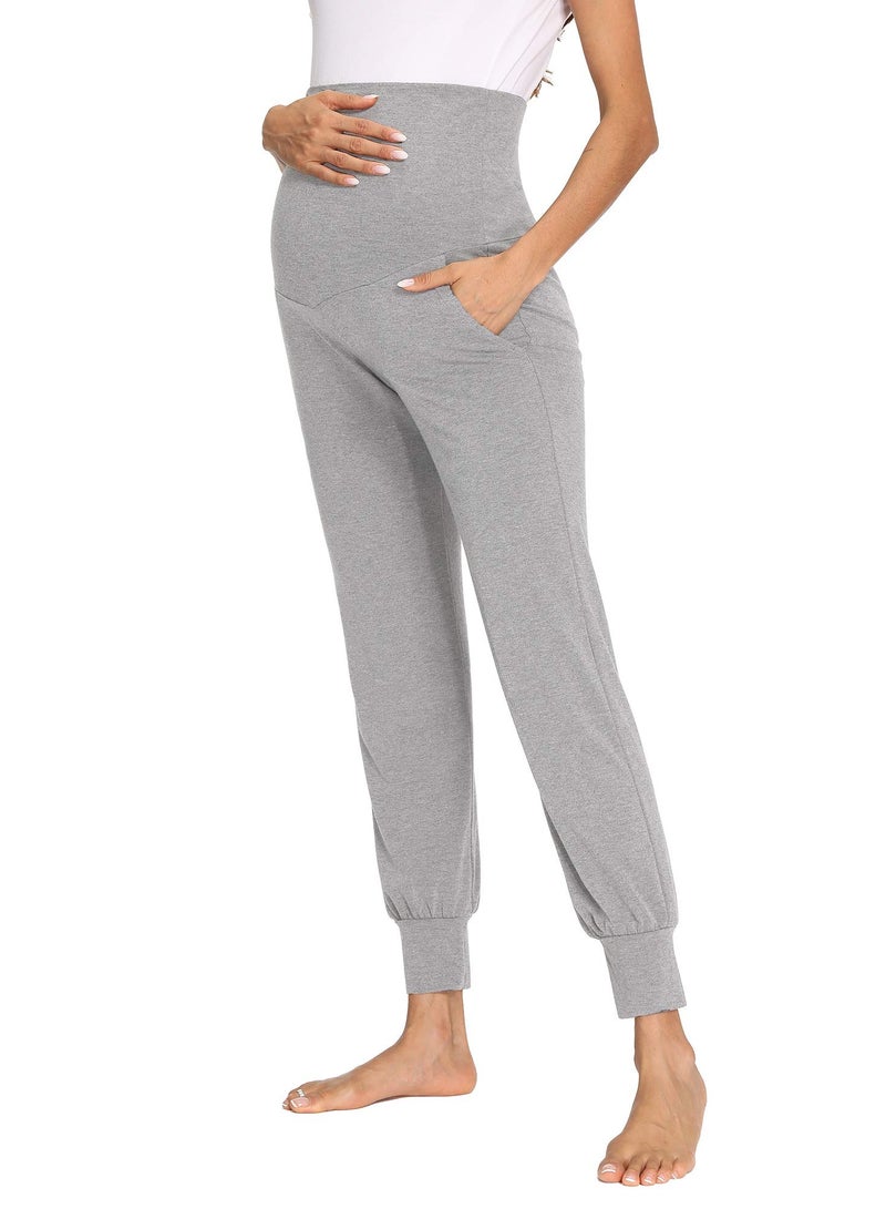 Barakah Women's Maternity Pants Activewear Jogger Track Cuff Sweatpants Over The Belly Stretchy Pregnancy Pants, Grey/L - Image 2