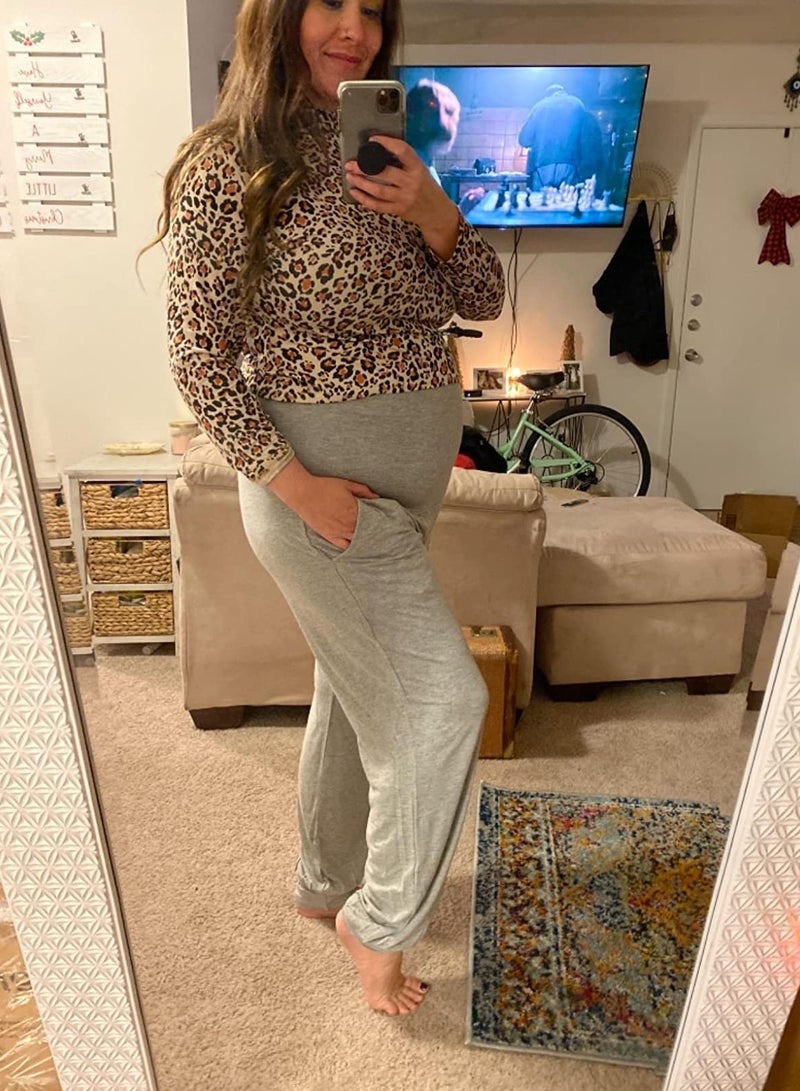 Barakah Women's Maternity Pants Activewear Jogger Track Cuff Sweatpants Over The Belly Stretchy Pregnancy Pants, Grey/L - Image 3