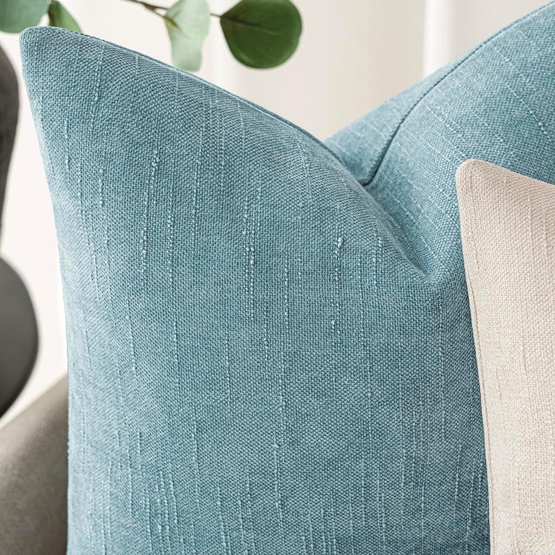 Foindtower Pack of 2 Textured Chenille Throw Decorative Pillow Covers Square Accent Solid Cushion Cover Neutral Farmhouse Pillow Case for Couch Sofa Bedroom Living Room 26x26 Inch,Light Blue - Image 2
