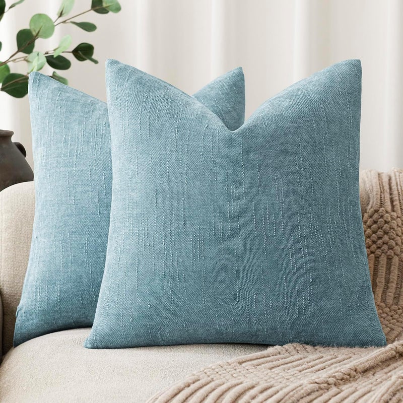 Foindtower Pack of 2 Textured Chenille Throw Decorative Pillow Covers Square Accent Solid Cushion Cover Neutral Farmhouse Pillow Case for Couch Sofa Bedroom Living Room 26x26 Inch,Light Blue - Image 1