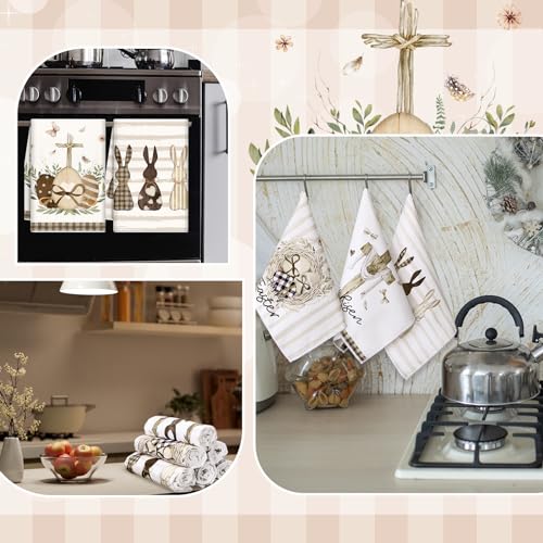 SmoothNovelty 6 Pcs Easter Kitchen Towels Religious Bunny He is Risen Dish Towel 21 x 14 Inch Farmhouse Egg Stripe Dot Bathroom Hand Towels Rustic Spring Tea Towel for Home Bath Kitchen Gift Decor - Image 3