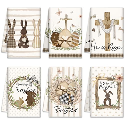 SmoothNovelty 6 Pcs Easter Kitchen Towels Religious Bunny He is Risen Dish Towel 21 x 14 Inch Farmhouse Egg Stripe Dot Bathroom Hand Towels Rustic Spring Tea Towel for Home Bath Kitchen Gift Decor - Image 1
