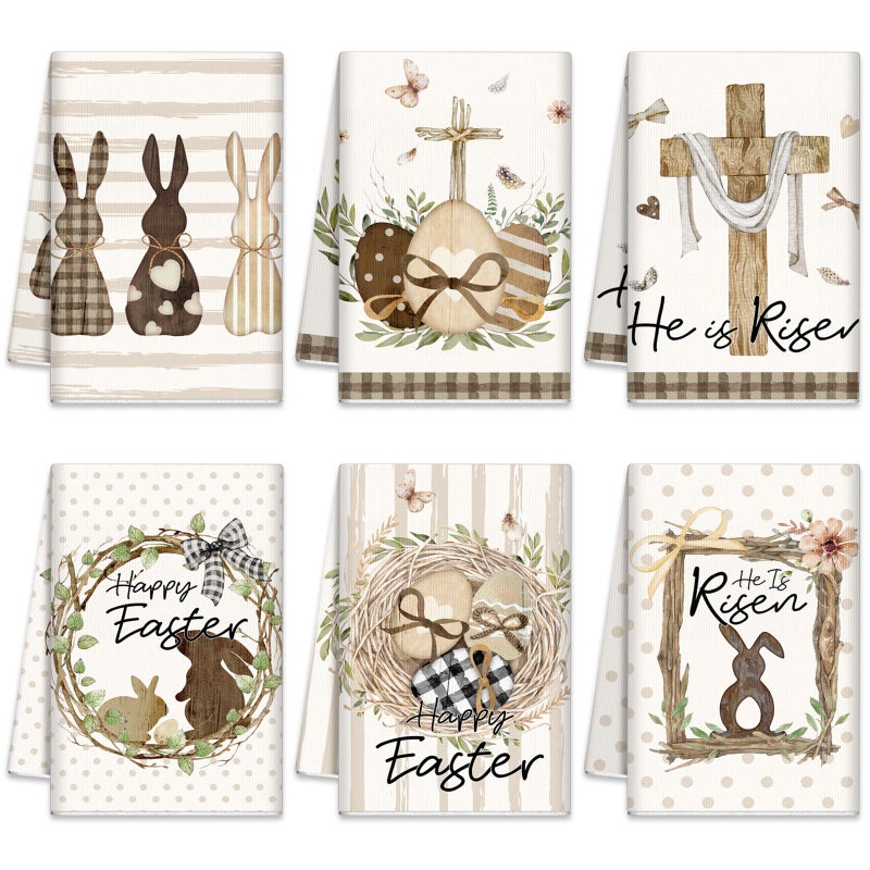 SmoothNovelty 6 Pcs Easter Kitchen Towels Religious Bunny He is Risen Dish Towel 21 x 14 Inch Farmhouse Egg Stripe Dot Bathroom Hand Towels Rustic Spring Tea Towel for Home Bath Kitchen Gift Decor - Image 2