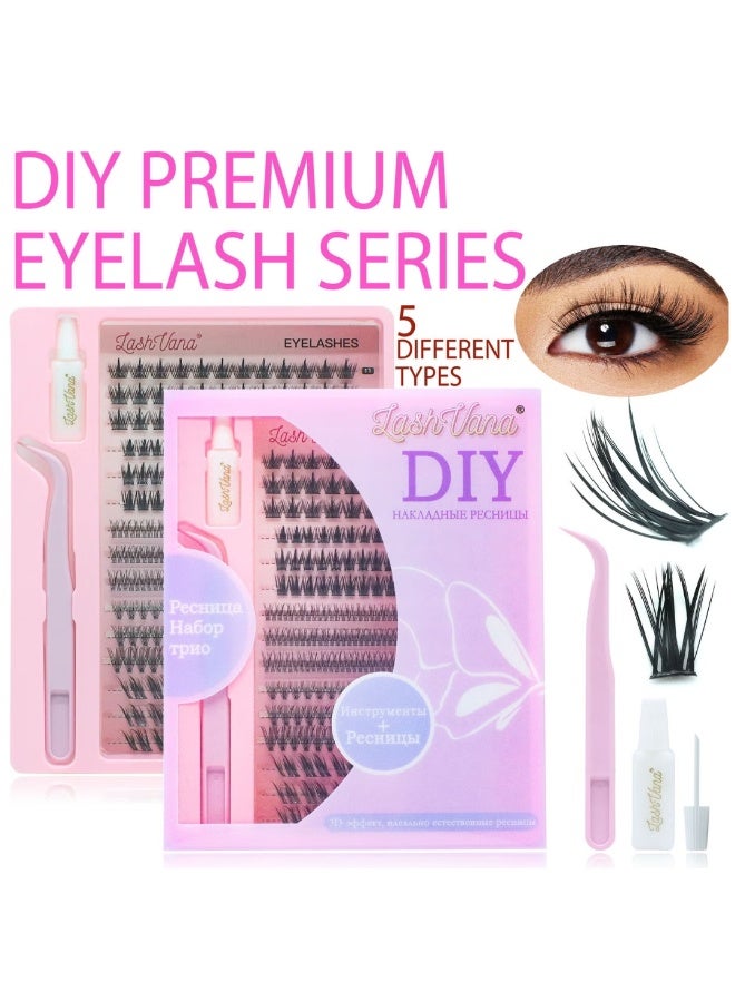 lashvana 303pcs 5 Styles DIY Lash Extension Kit Eyelash Clusters with Lash Bond and Tweezer Natural Curl Personal Eyelash Set, Easy to Apply at Home 3D Effects 9-13mm False Eyelashes - Image 2