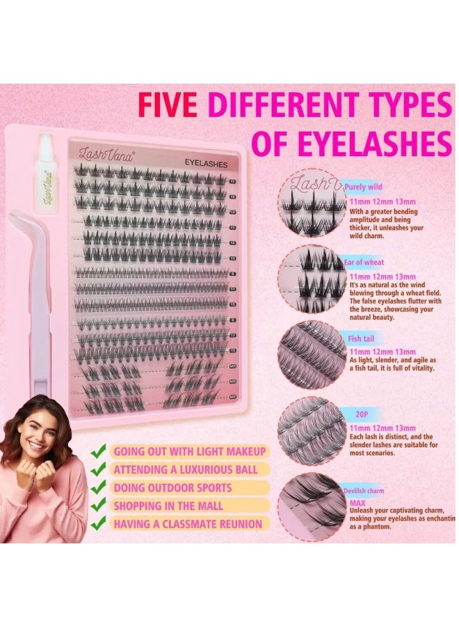 lashvana 303pcs 5 Styles DIY Lash Extension Kit Eyelash Clusters with Lash Bond and Tweezer Natural Curl Personal Eyelash Set, Easy to Apply at Home 3D Effects 9-13mm False Eyelashes - Image 3