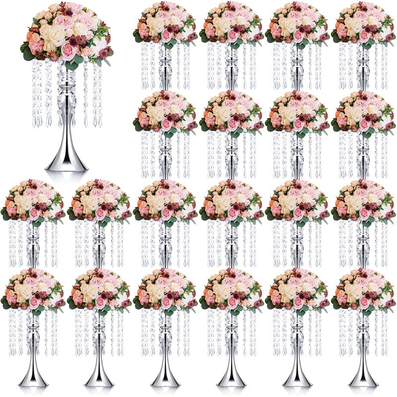Unittype Unittype 20 Pcs Wedding Centerpieces for Tables 13 Inch Tall Crystal Flower Stand Floral Vases for Tabletop Flower Arrangement Stand Valentines Gift Baptism Party Decor Silver 