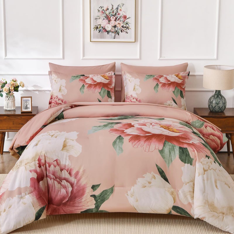 Dobuyly Coral Comforter Set Queen 7 Piece Bed in a Bag for Girls Women, Coral Pink Floral Bedding Set, Soft Microfiber Bed Set with Comforter, Sheets, Pillowcases & Shams - Image 1