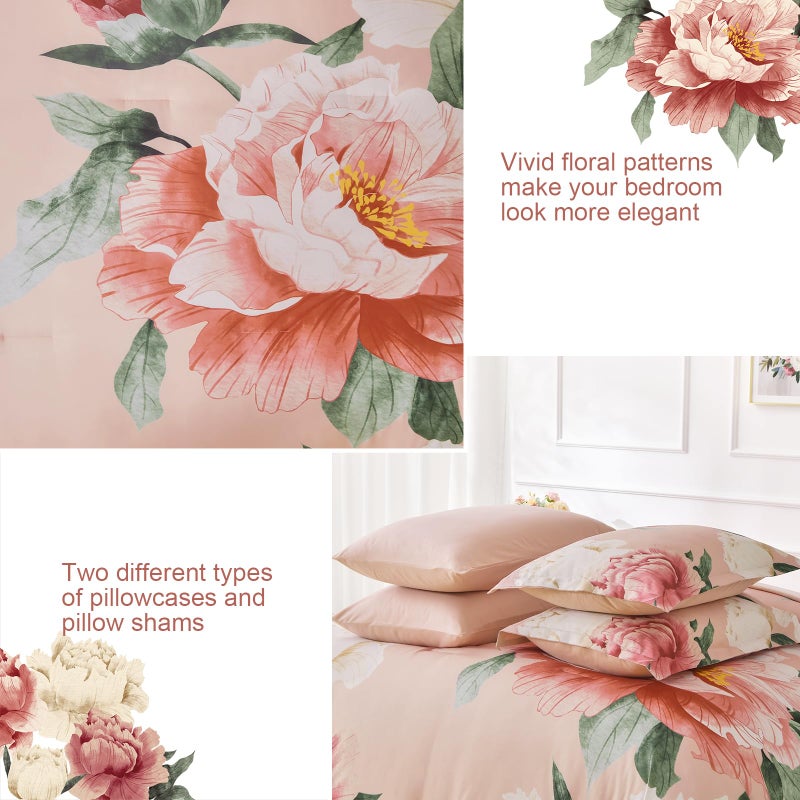 Dobuyly Coral Comforter Set Queen 7 Piece Bed in a Bag for Girls Women, Coral Pink Floral Bedding Set, Soft Microfiber Bed Set with Comforter, Sheets, Pillowcases & Shams - Image 5