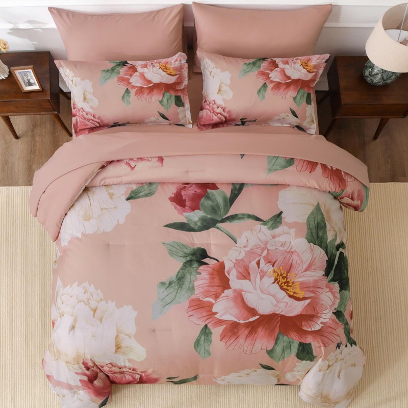 Dobuyly Coral Comforter Set Queen 7 Piece Bed in a Bag for Girls Women, Coral Pink Floral Bedding Set, Soft Microfiber Bed Set with Comforter, Sheets, Pillowcases & Shams - Image 3