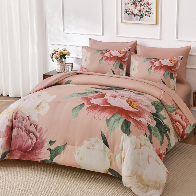 Dobuyly Coral Comforter Set Queen 7 Piece Bed in a Bag for Girls Women, Coral Pink Floral Bedding Set, Soft Microfiber Bed Set with Comforter, Sheets, Pillowcases & Shams - Image 2