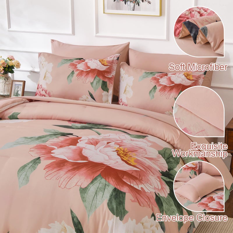Dobuyly Coral Comforter Set Queen 7 Piece Bed in a Bag for Girls Women, Coral Pink Floral Bedding Set, Soft Microfiber Bed Set with Comforter, Sheets, Pillowcases & Shams - Image 4