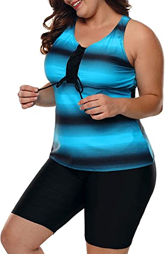 LALAGEN Womens 2025 Plus Size Tankini Swimsuits Rash Guard Capris Athletic Two Piece Swimwear Bathing Suits Blue L - Image 3