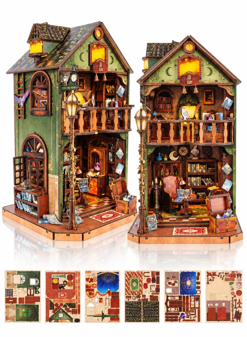 BELEEV DIY Wooden Book Nook Kit with LED Light, Magic Miniature House 3D Puzzle, Bookshelf Bookend Decor, Gift for Adults & Teens - Image 1