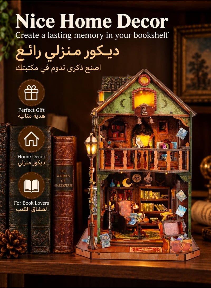 BELEEV DIY Wooden Book Nook Kit with LED Light, Magic Miniature House 3D Puzzle, Bookshelf Bookend Decor, Gift for Adults & Teens - Image 2