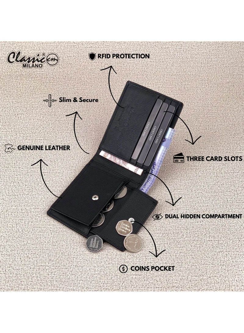Classic Milano Black (CNH-3) Classic Milano Genuine Leather Wallet for Men – Slim Bifold Men’s Wallet with RFID Blocking, Multiple Card Slots – Stylish Mens Purse Wallets Gift for Husband, Father for Men | Best Price UAE
