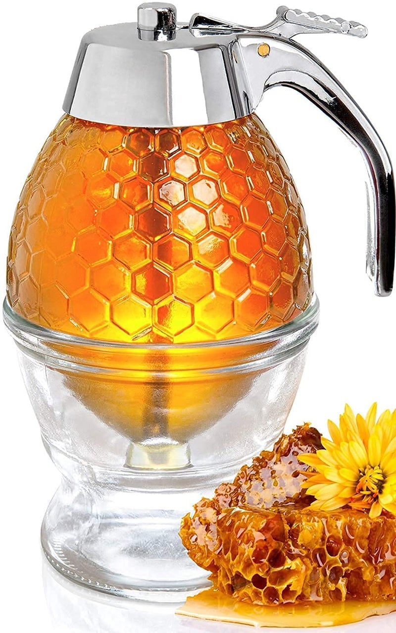 KPS Honey Syrup Dispenser with Stand Honey Dispenser Kettle Container Syrup and Sugar Jar Pot Maple Syrup Dispenser Glass - Image 1