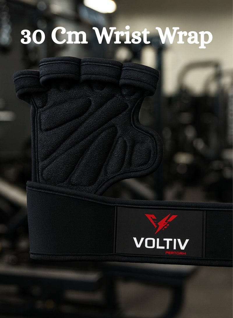 VOLTIV Weightlifting Gloves with 30cm Wrist Wraps – Strong Grip, Anti-Slip Padded Palm, Heavy Duty Velcro, Breathable Open-Finger Gym Gloves for Powerlifting, Bodybuilding & CrossFit - Image 3