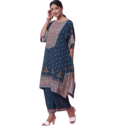 BIBA WOMEN PRINTED STRAIGHT SALWAR KURTA DUPATTA(SKDKAFTAN K7843_TEAL_42) - Image 3