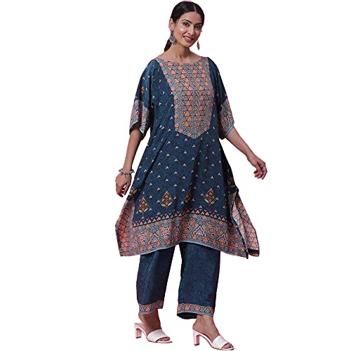 BIBA WOMEN PRINTED STRAIGHT SALWAR KURTA DUPATTA(SKDKAFTAN K7843_TEAL_42) - Image 4