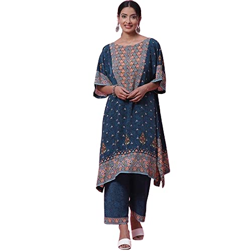 BIBA WOMEN PRINTED STRAIGHT SALWAR KURTA DUPATTA(SKDKAFTAN K7843_TEAL_42) - Image 1