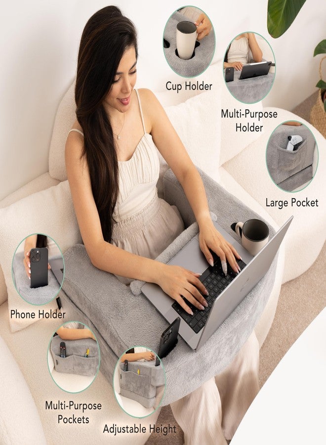 TabCouchCaddy Reading Pillow for Gaming - Extra Large Lap Desk & Arm Rest with Cup & Phone Holder, Adjustable Heights, Laptop Support, Large Pockets - Comfortable for Work, Gaming & Crocheting (Furry Grey) - Image 2