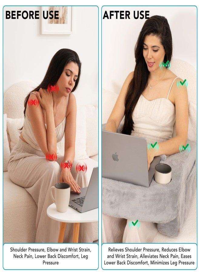 TabCouchCaddy Reading Pillow for Gaming - Extra Large Lap Desk & Arm Rest with Cup & Phone Holder, Adjustable Heights, Laptop Support, Large Pockets - Comfortable for Work, Gaming & Crocheting (Furry Grey) - Image 4