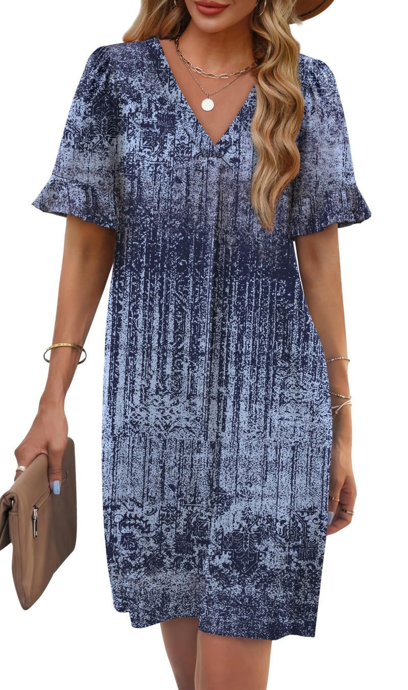 OFEEFAN Tie Dye Dress for Women 2026 Ruffled Short Sleeve Dresses V Neck Summer Dresses with Pockets Womens Clothing M - Image 2