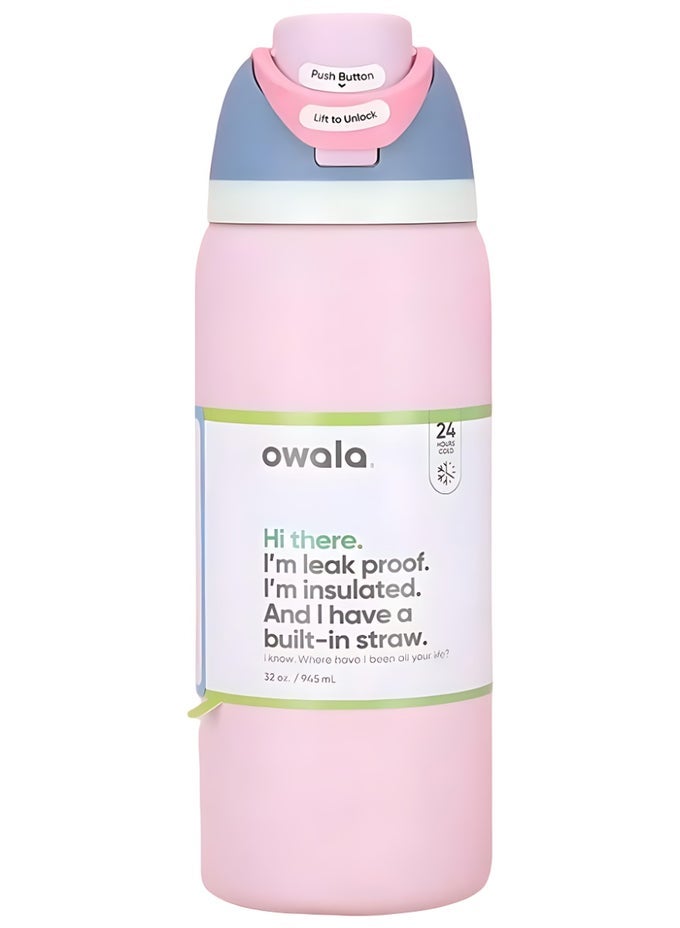 Owala FREESIP INSULATED STAINLESS STEEL WATER BOTTLE WITH STRAW, LEAK PROOF, BPA-FREE, 32OZ ICED BREEZE, 1-PACK, (MACARON STRAWBERRY)