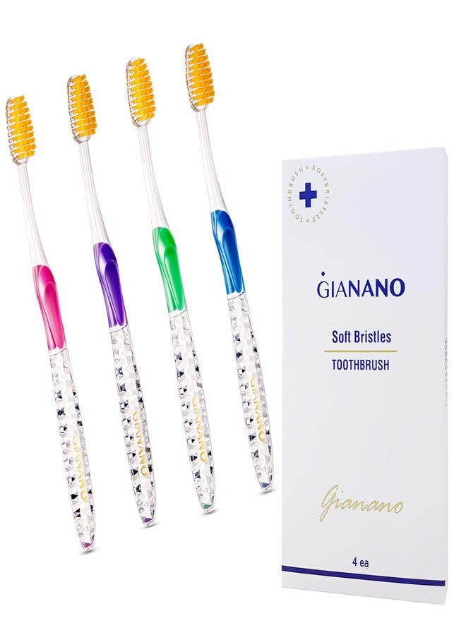 GIANANO فرشاة أسنان جيانانو ذات الشعيرات الذهبية الناعمة والرفيعة للثة الحساسة - شعيرات ناعمة ورفيعة، رأس صغير الحجم، فرش أسنان للبالغين / مجموعة من 4 قطع (أزرق، أخضر، وردي، بنفسجي) - Image 1