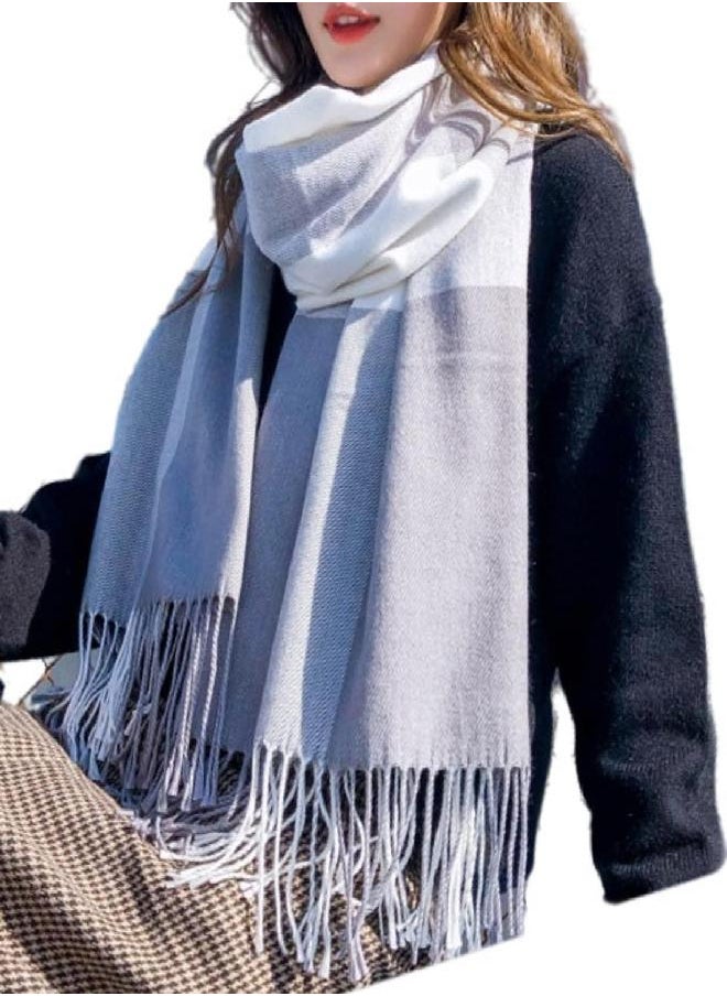 Wander Agio Wander Agio Women's Fashion Scarves Long Shawl Winter Thick Warm Knit Large Plaid Scarf Light Gray 3  - Image 1