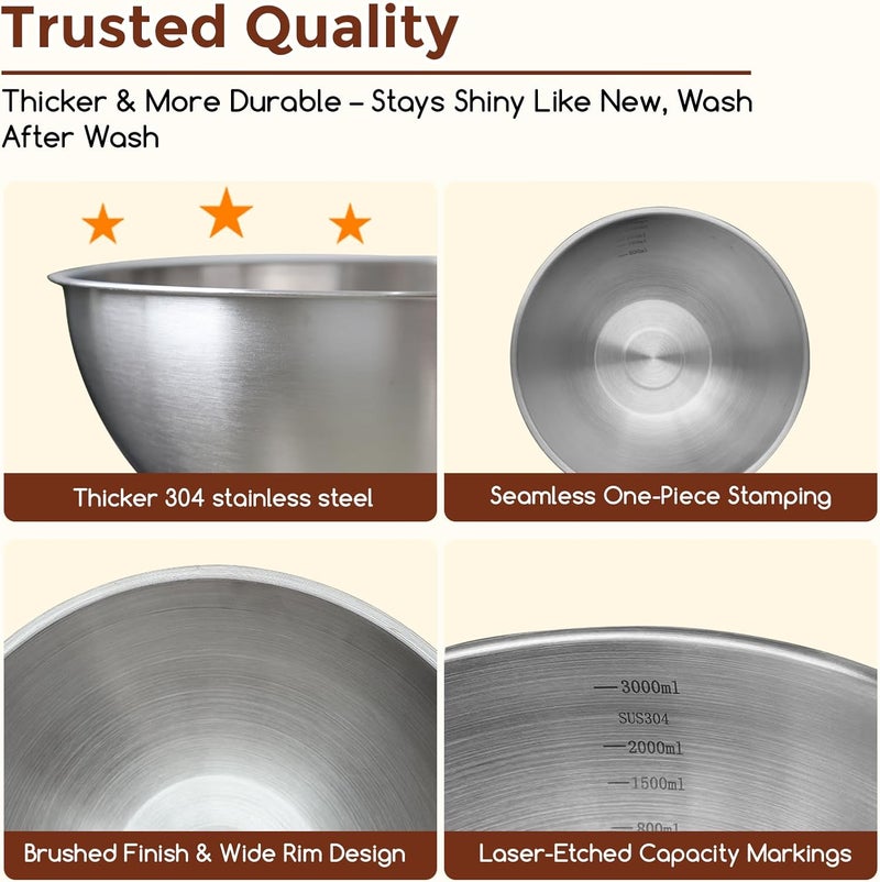 Gronivex 3-Piece Stainless Steel Mixing Bowls Set (17.5",8.7" 9.8" Inches) - Food Grade 304 with Measurement Marks, Dishwasher Safe & Stackable - Perfect for Baking, Salad Making, Meal Prep and Kitchen Use - Image 3