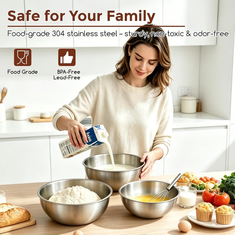 Gronivex 3-Piece Stainless Steel Mixing Bowls Set (17.5",8.7" 9.8" Inches) - Food Grade 304 with Measurement Marks, Dishwasher Safe & Stackable - Perfect for Baking, Salad Making, Meal Prep and Kitchen Use - Image 4